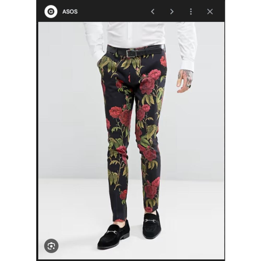Floral Print Pants Rose Pattern Statement Trousers Super Skinny - Picture 3 of 11